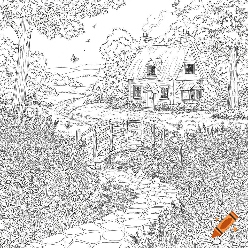 A black and white line drawing of a charming cottage with a thatched roof nestled in a flowery meadow, with a small wooden bridge over a stream and a stone path leading towards the foreground.