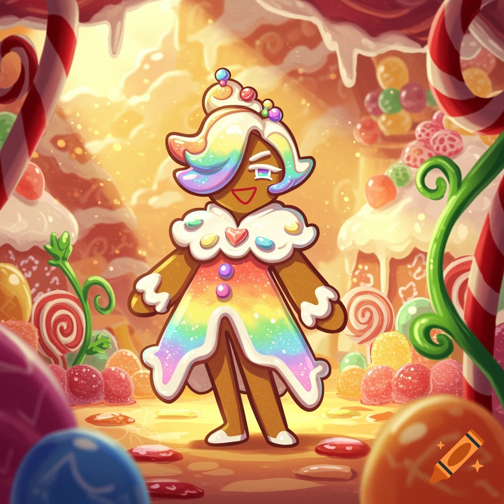 A rainbow-colored gingerbread cookie character stands in a vibrant candy land, in the Cookie Run Kingdom art style.