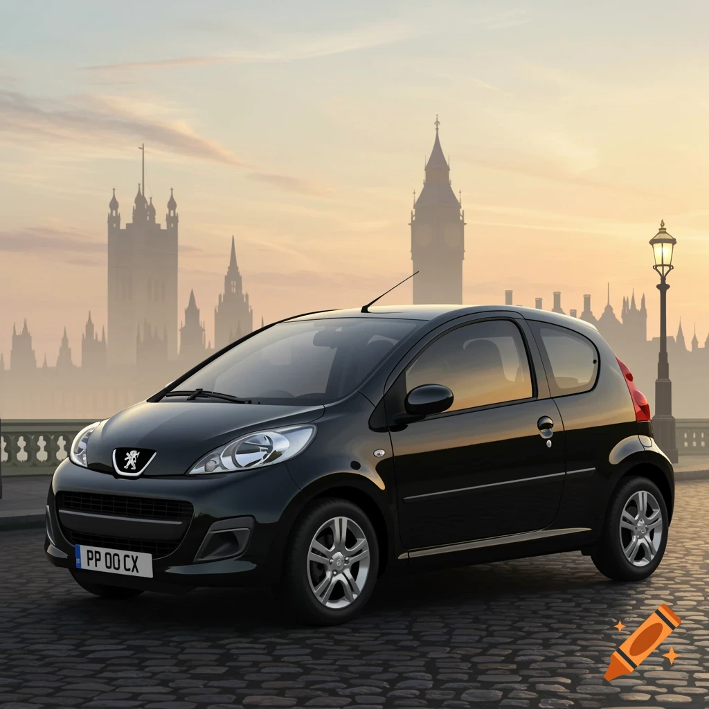 A dark grey Peugeot 107 parked on a cobblestone street with London landmarks and a street lamp in the background at sunset.