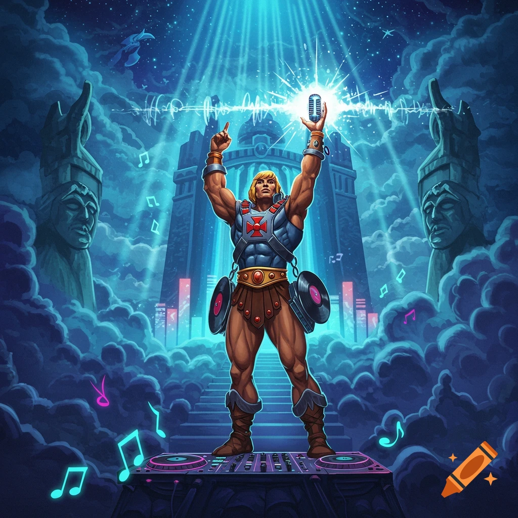 He-Man on a DJ mixer, raising a glowing microphone, with musical notes and light beams in a fantasy castle setting.