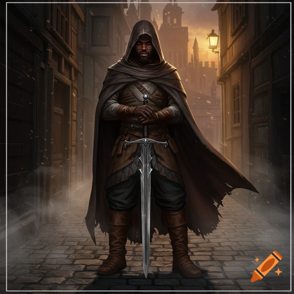A dark-skinned male swordsman in a hooded cloak stands in a medieval alley, holding a large sword.