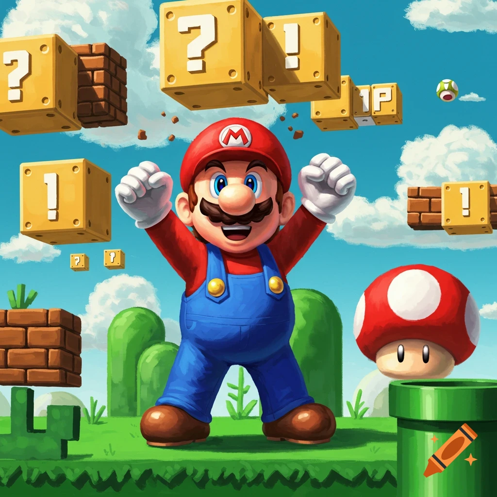 Mario jumping in a colorful Super Mario Bros. landscape with question mark blocks, brick blocks, a mushroom, and pipes under a blue sky.