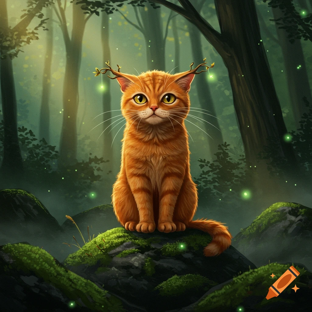 An orange ginger cat with branch-like antlers and glowing green lights on its head sits on a mossy rock in a magical forest.