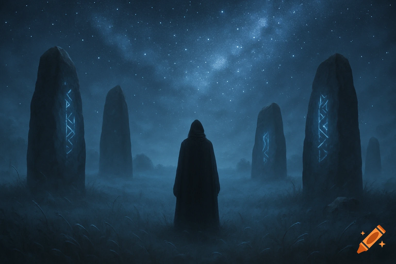 A hooded figure stands in a misty field at night, facing several ancient stone monoliths with glowing blue runes under a star-filled sky.