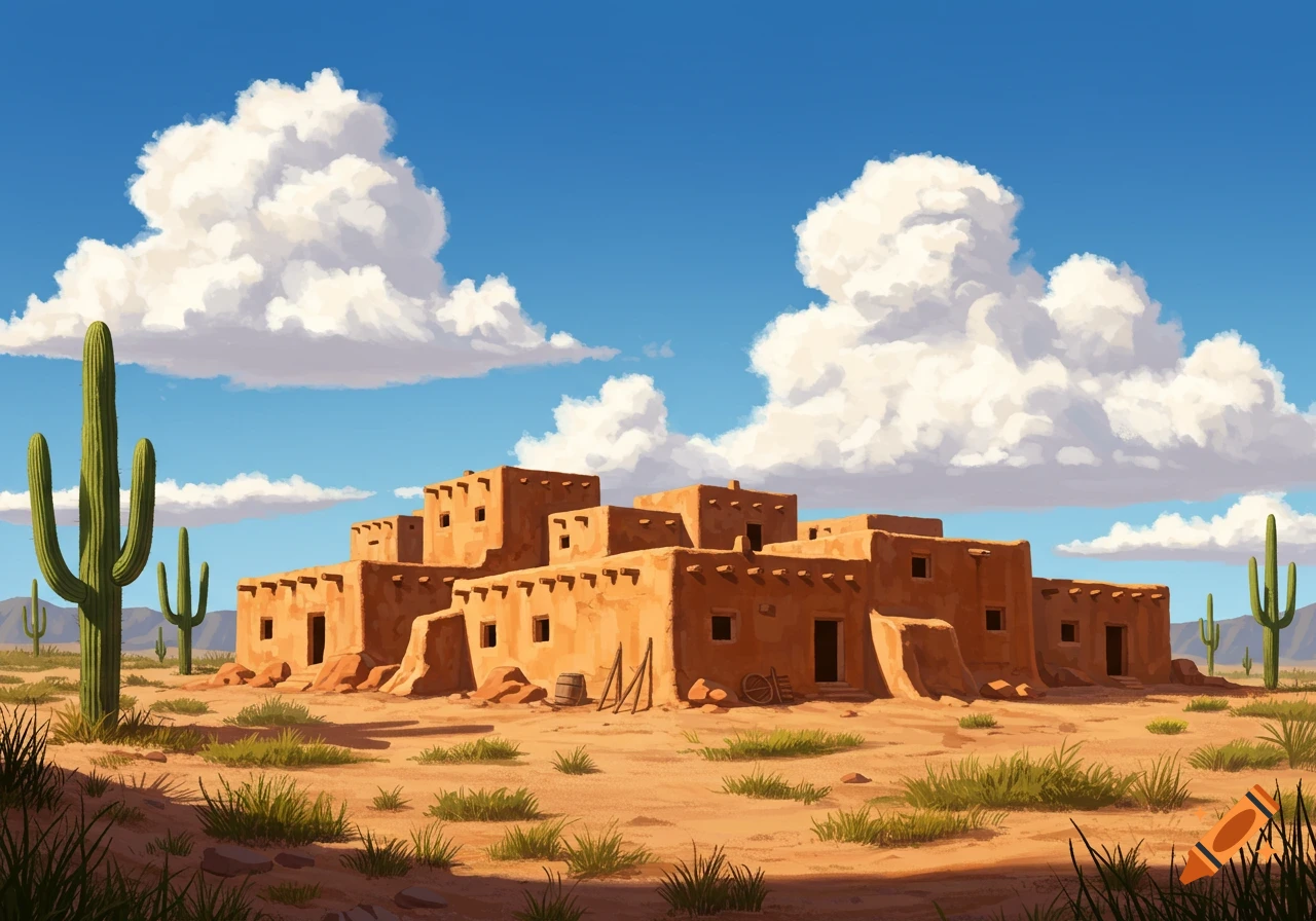 A pueblo village in a desert landscape with saguaro cacti under a blue sky with white clouds.