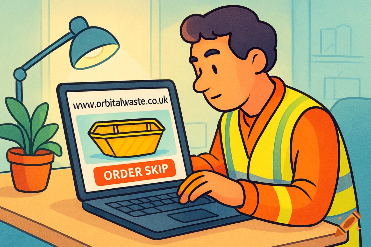 Cartoon illustration of a person in a hi-vis vest ordering a waste skip online using a laptop.