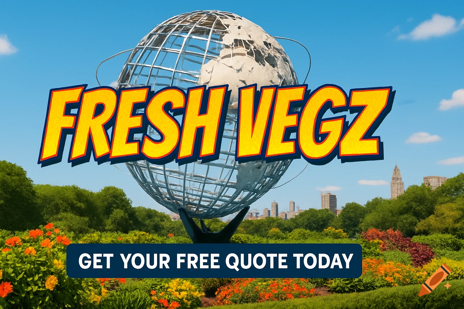 A banner with 'FRESH VEGZ' text above 'GET YOUR FREE QUOTE TODAY', set against the Unisphere globe, trees, and city skyline.