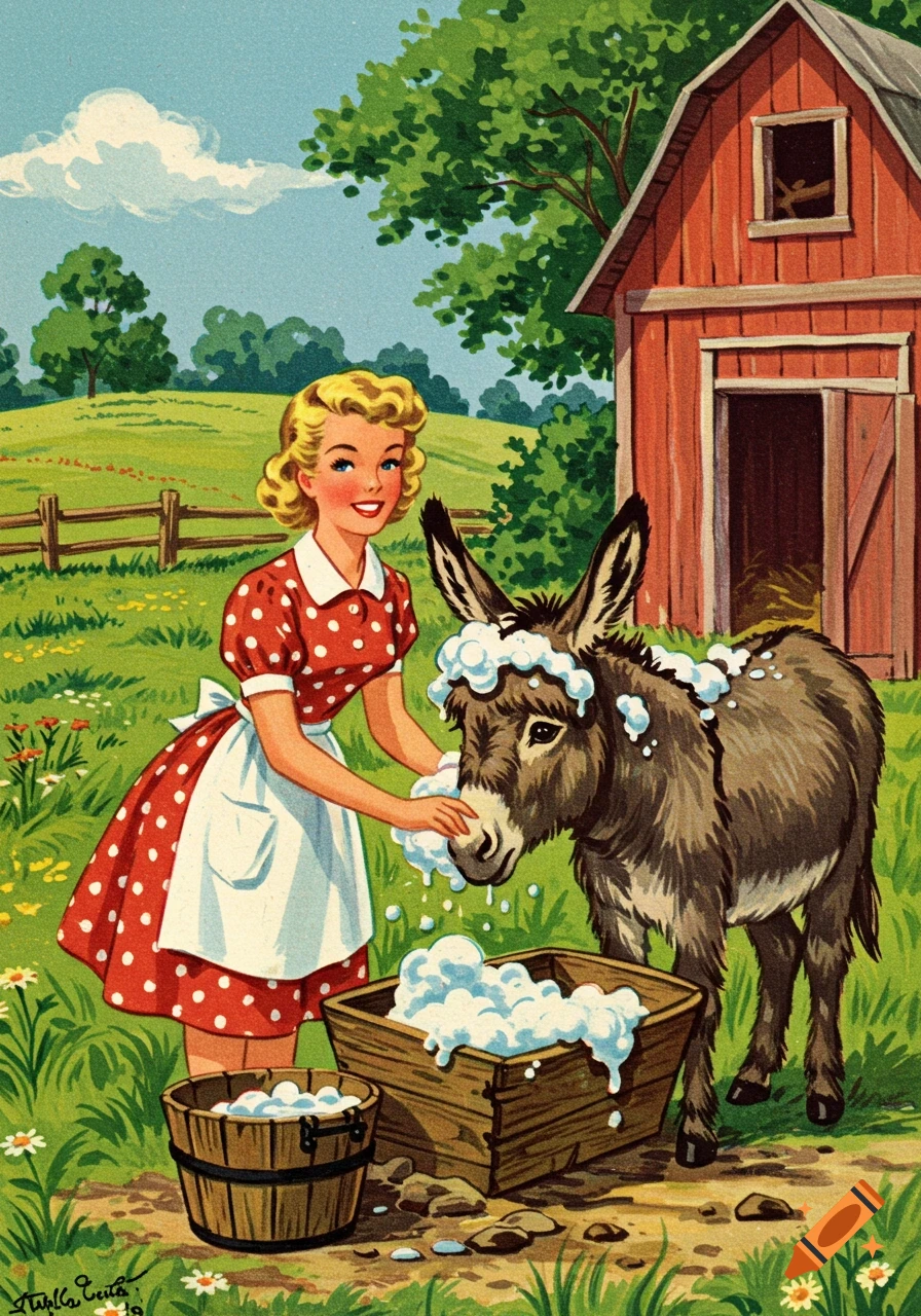 Blonde woman in red polka dot dress washing a donkey with soap in a wooden tub on a farm, in 1950s Little Golden Book illustration style.