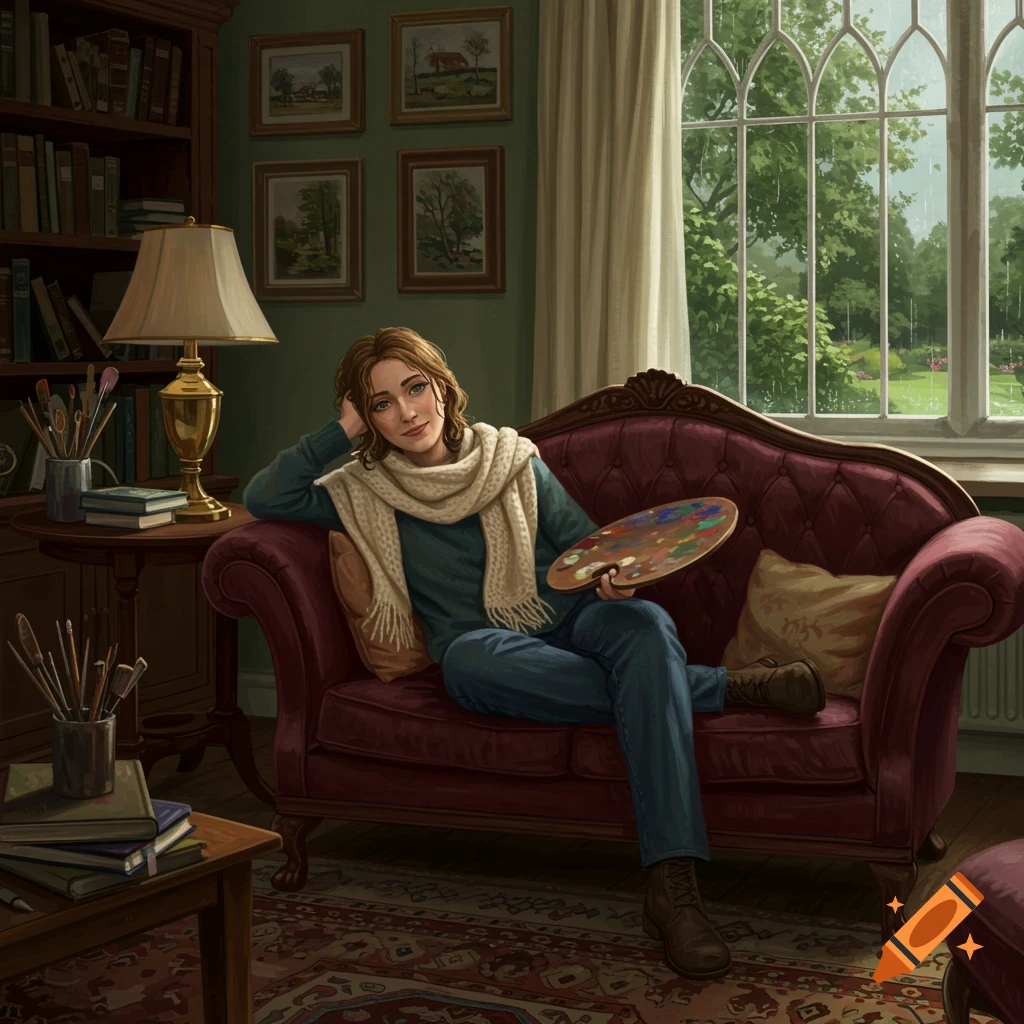 A woman, an art teacher, sits on a red sofa in a cozy living room with a bookshelf and a large window overlooking a garden, holding an artist's palette.
