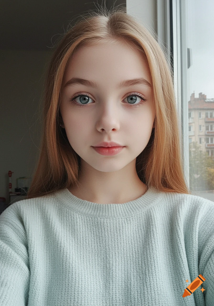 Photorealistic close-up portrait of a fair-skinned young girl with long blonde hair and blue eyes, wearing a light blue sweater, gazing at the viewer. A window with buildings is visible in the background.