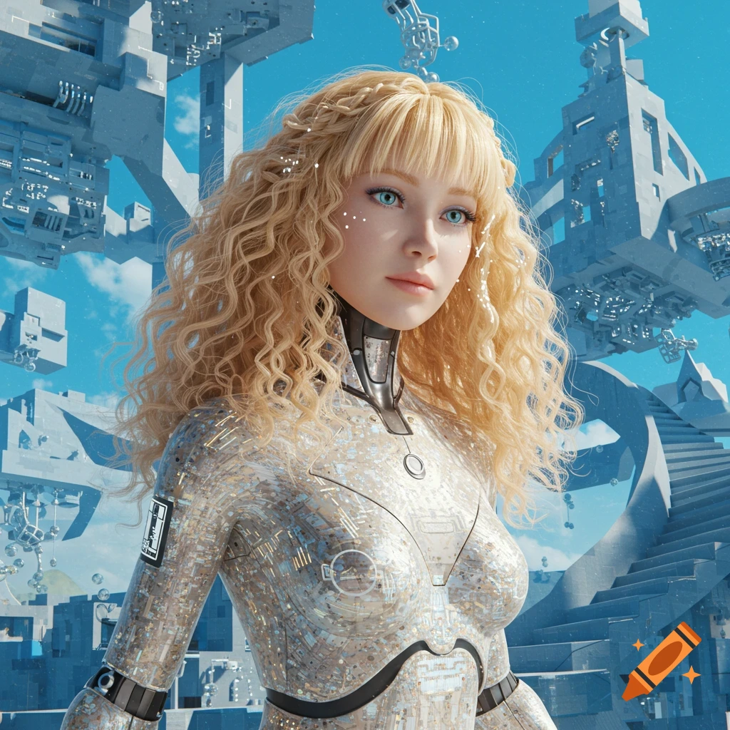 A futuristic female android with long blonde curly hair and blue eyes, wearing a metallic circuit-patterned suit, stands against a bright blue sky with abstract white futuristic buildings.