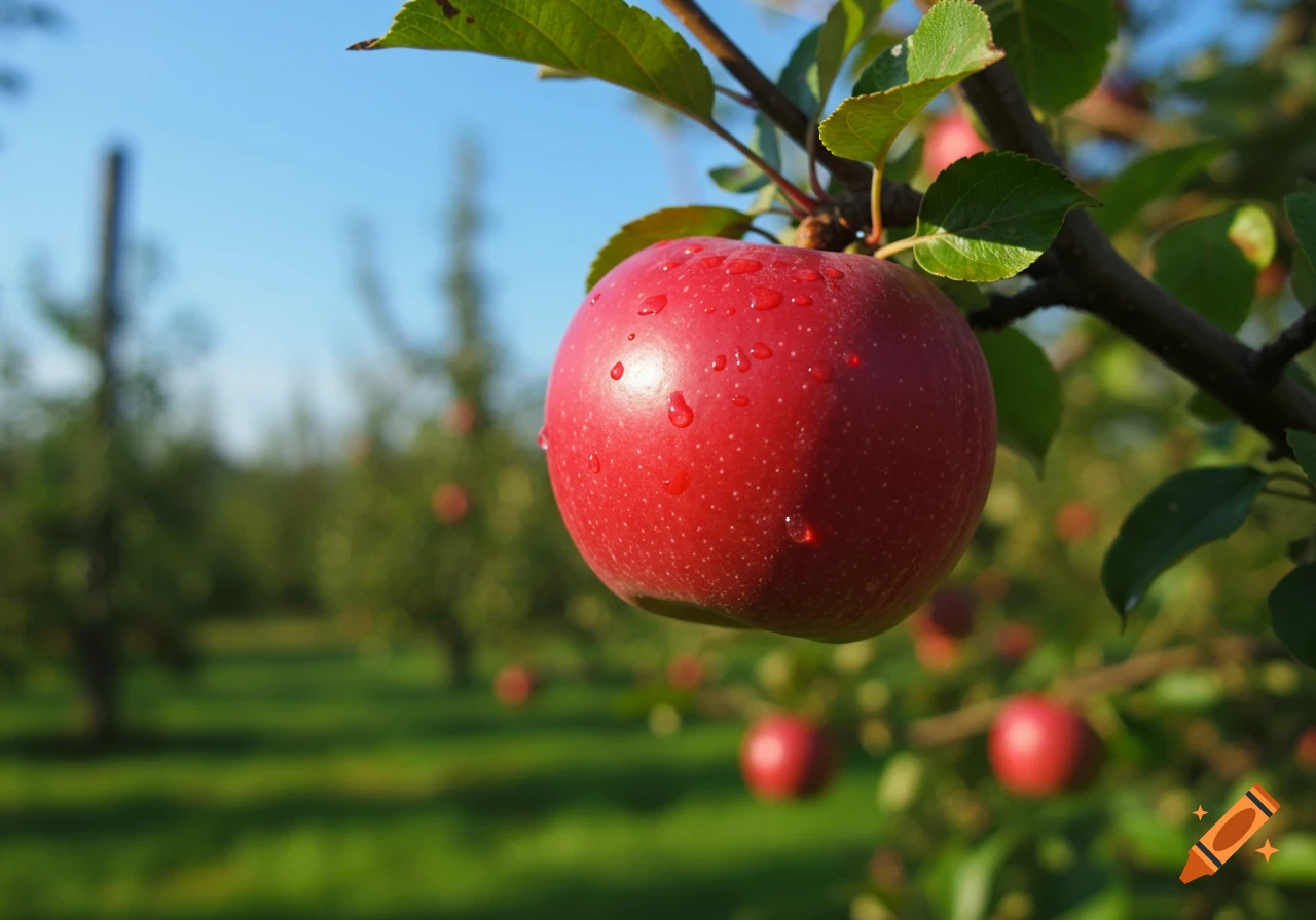 A vibrant red apple with water droplets hangs from a tree branch in a sunny orchard.