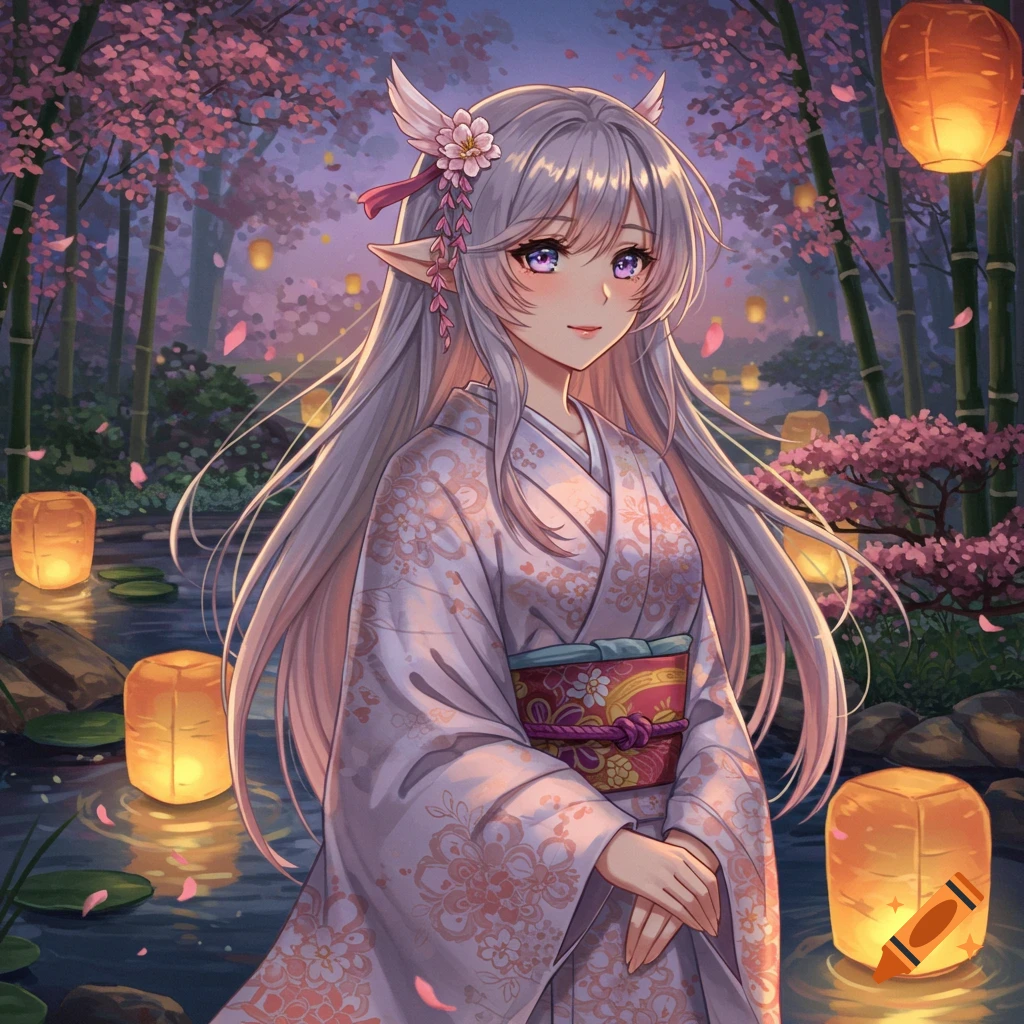 An anime-style elf girl with long silver hair and purple eyes wearing a kimono, standing in a cherry blossom garden with lanterns and bamboo.
