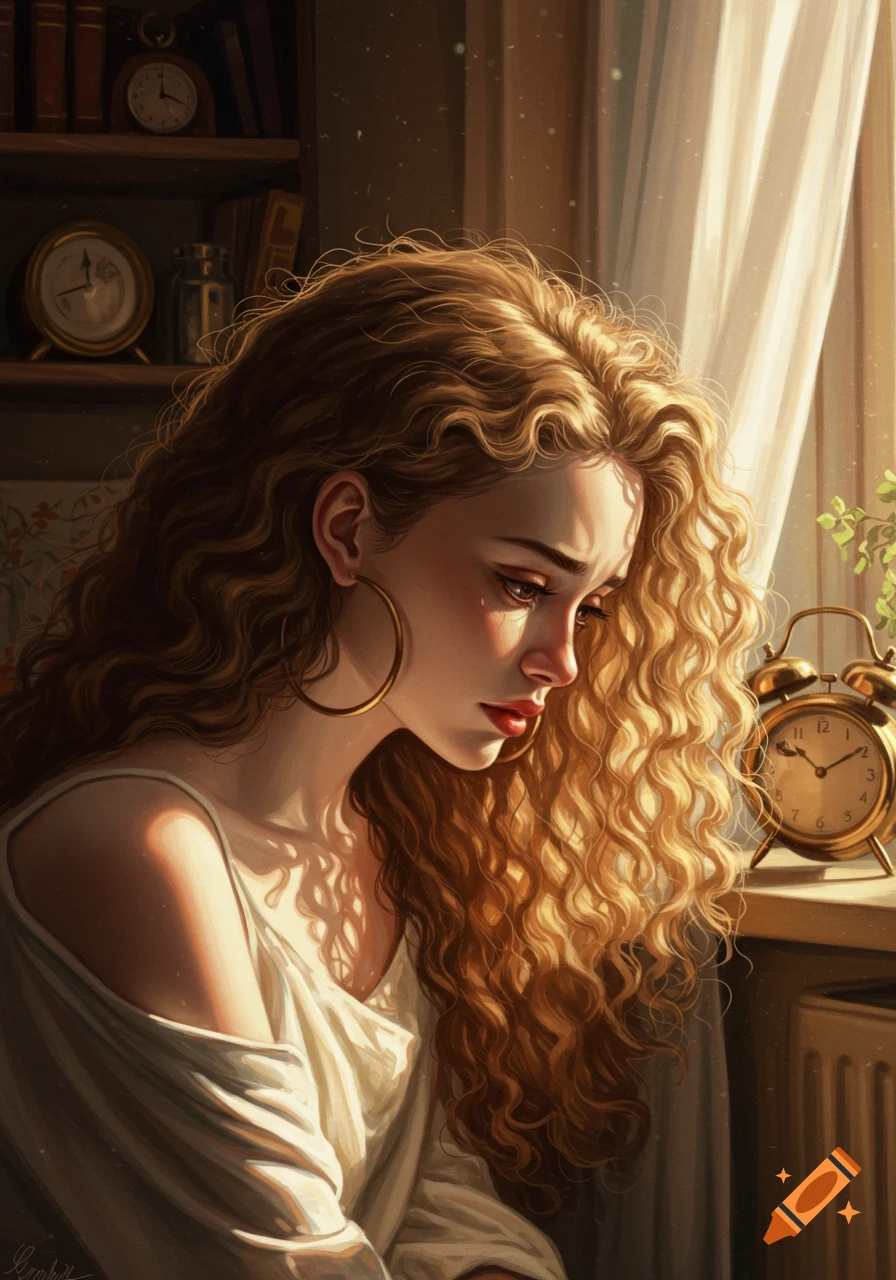 A digital painting of a sad young woman with long, curly blonde hair and a hoop earring, crying by a sunlit window.