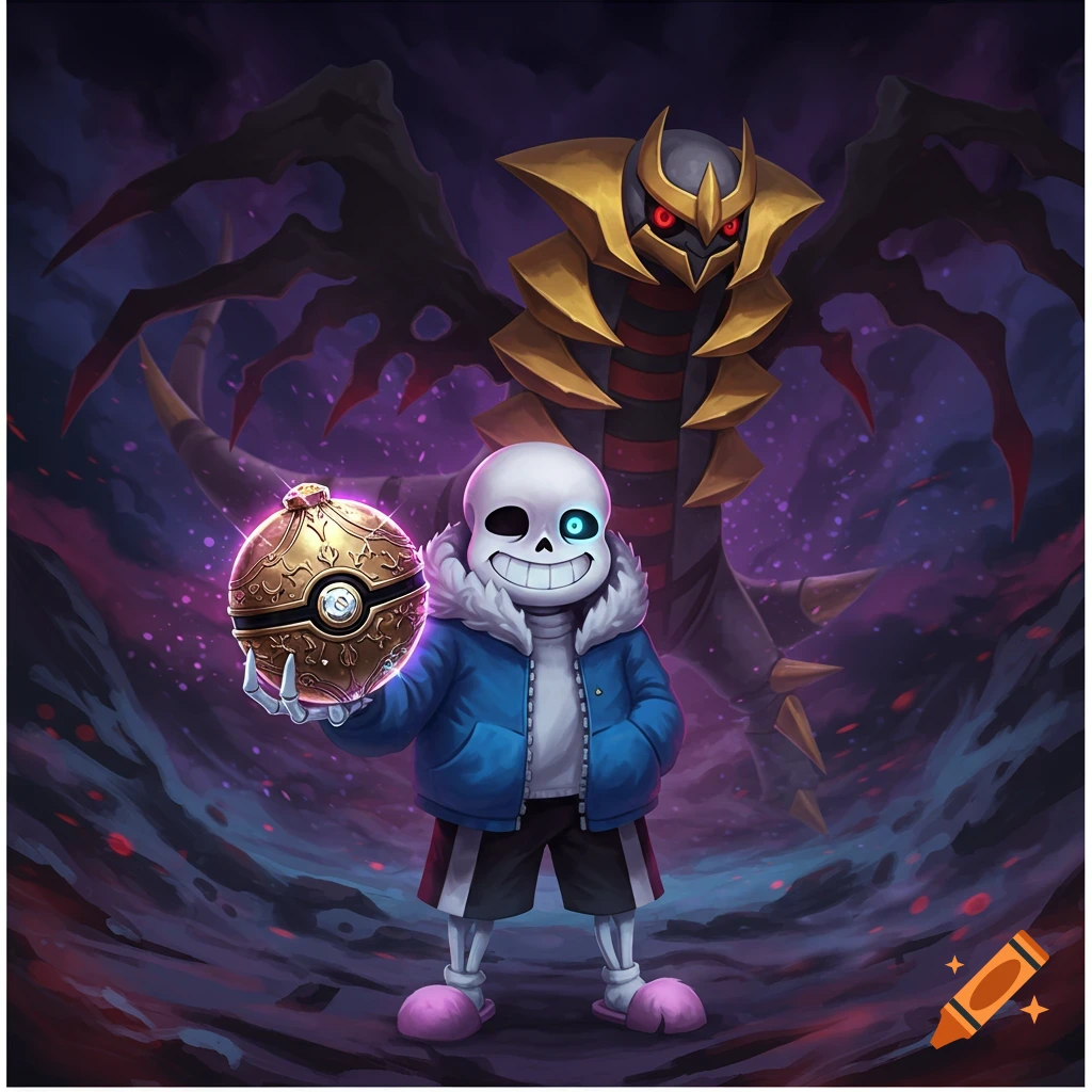 Sans from Undertale holding a golden pokeball, with a scary Giratina behind him in a dark, stylized illustration.