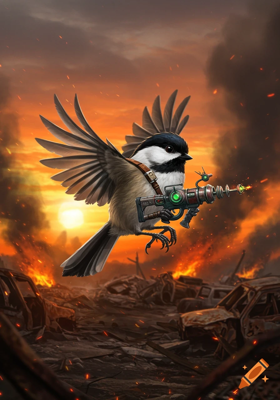 A chickadee bird holding a raygun flies over a burning, post-apocalyptic wasteland at sunset.