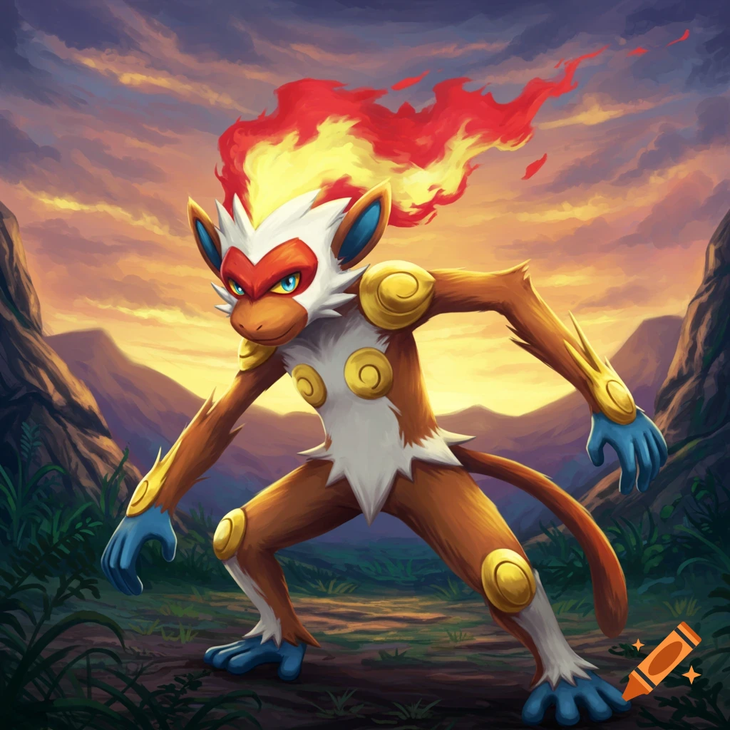 Infernape, a bipedal primate-like Pok 00e9mon with a flame on its head, stands in a ready pose against a vibrant sunset mountain landscape.
