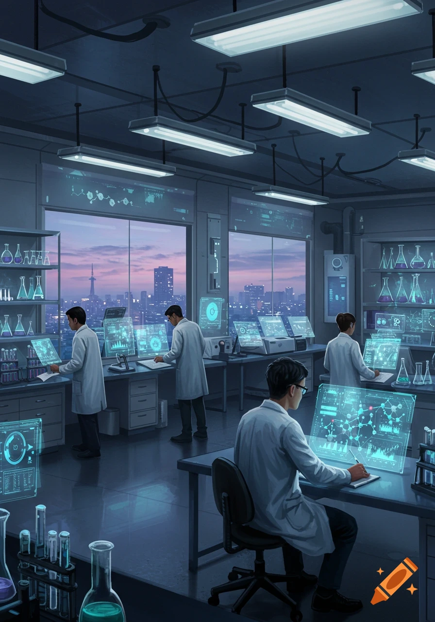 Scientists in white lab coats work on holographic displays in a futuristic research laboratory overlooking a city skyline at dusk.