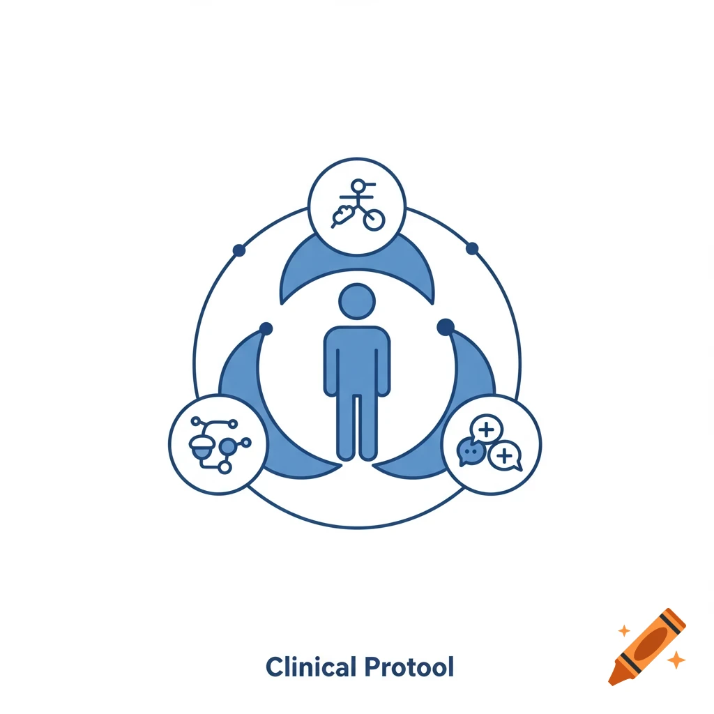 A blue and white icon diagram for clinical protocol, showing a human figure surrounded by symbols for medical treatment, molecular structure, and communication.