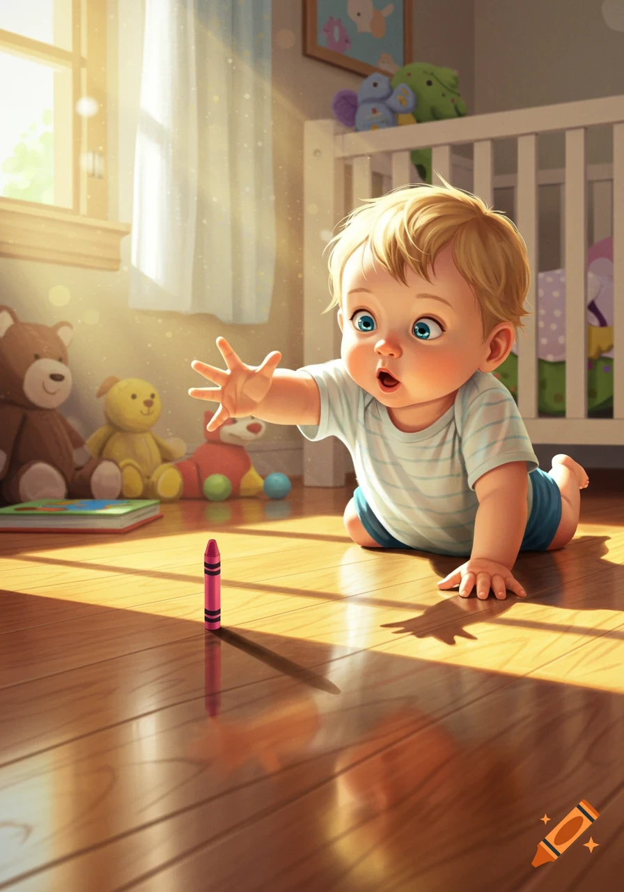 A cute baby crawls on a sunlit wooden floor, reaching for a pink crayon, with stuffed animals and a crib in the background.