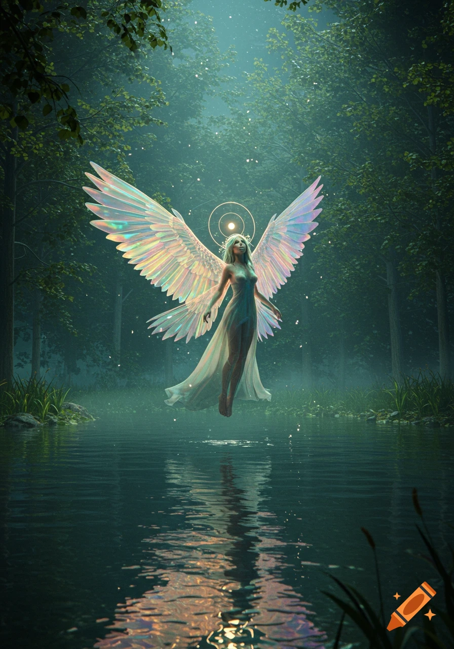 An ethereal angelic figure with large iridescent wings floats above a reflective body of water in a misty, dark forest.