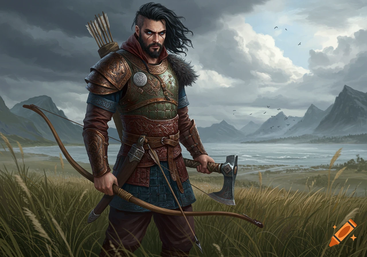 A rugged warrior in armor with a longbow and axe stands in a grassy field by a lake under cloudy skies. Digital painting.