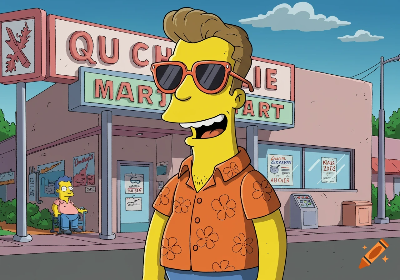 A yellow-skinned cartoon man in The Simpsons style, with brown hair and sunglasses, wearing an orange floral shirt, stands in front of a store with a garbled sign.