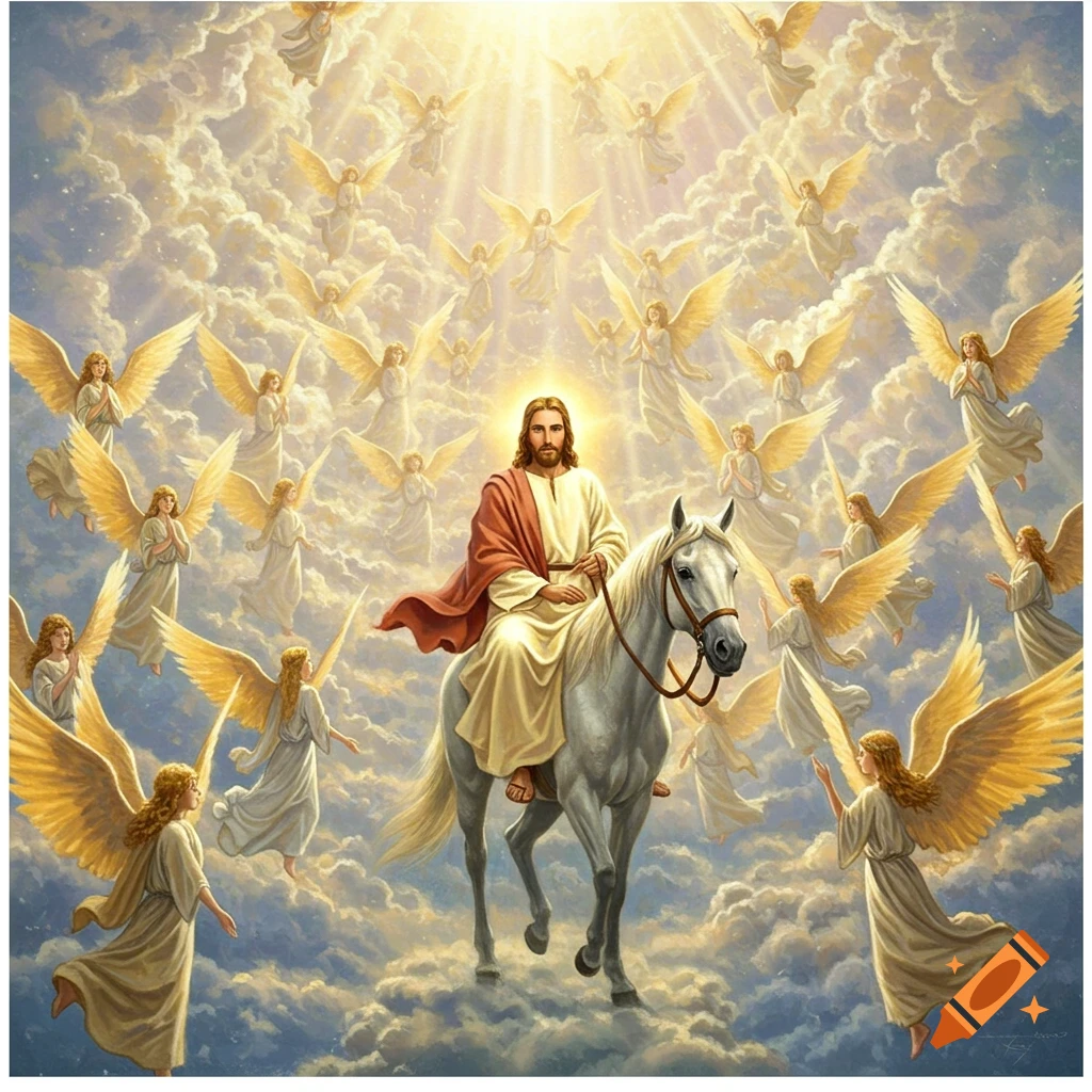 Jesus on a white horse descends from heaven, surrounded by numerous angels in a radiant, cloudy sky.