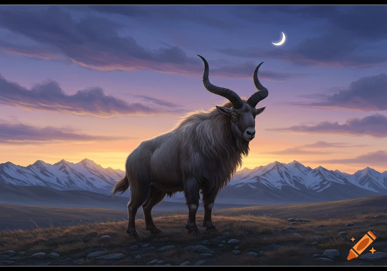 A majestic, shaggy horned goat-like creature stands on a hill at sunset with snowy mountains and a crescent moon.