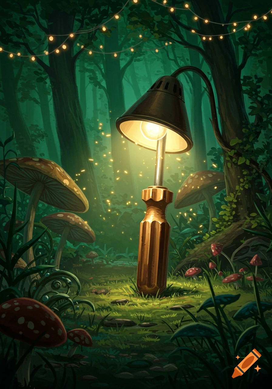A whimsical forest scene with glowing string lights, large mushrooms, and a glowing lamp made from a screwdriver handle.