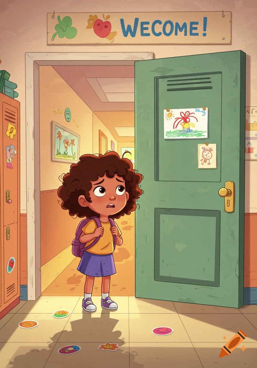 A cartoon illustration of a young girl with curly hair and a backpack looking nervous outside a colorful preschool classroom door.