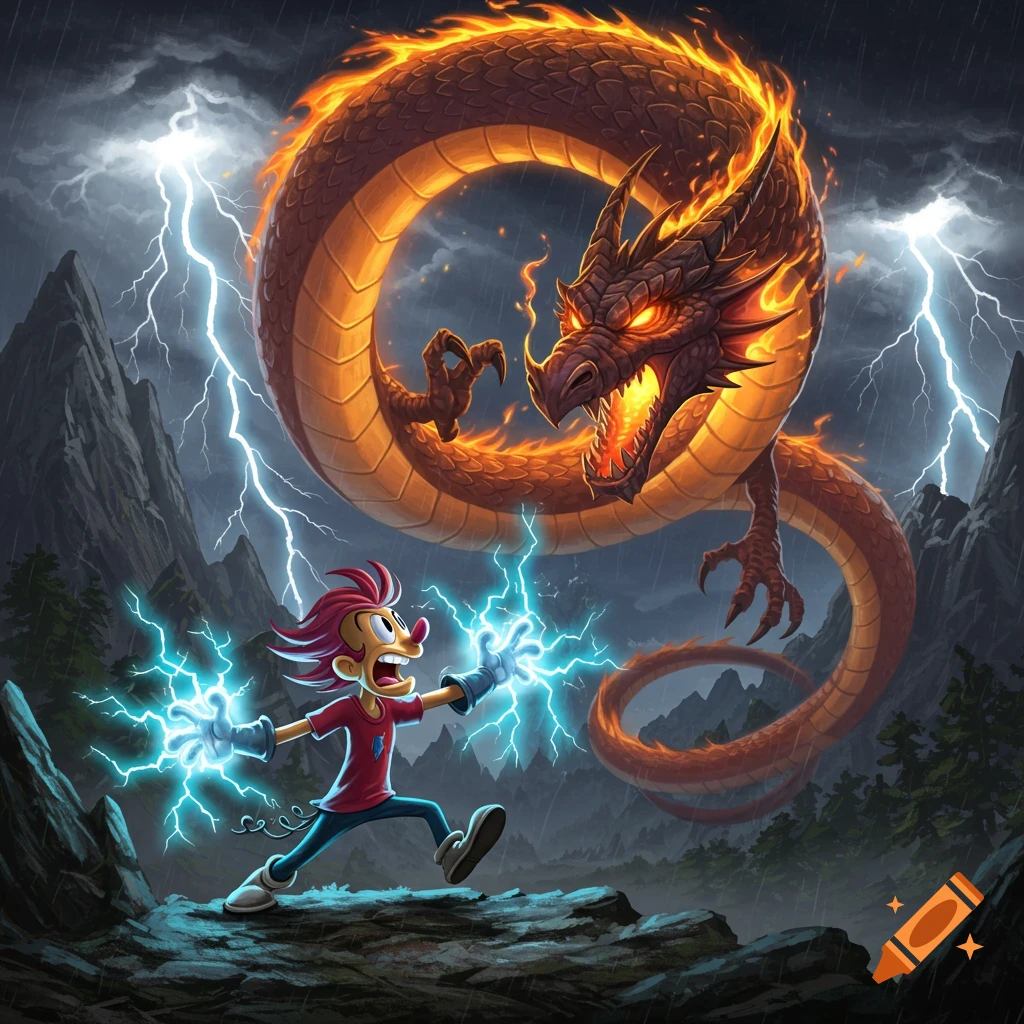 A cartoon boy with red hair battles a fiery dragon using lightning in a stormy mountain landscape.
