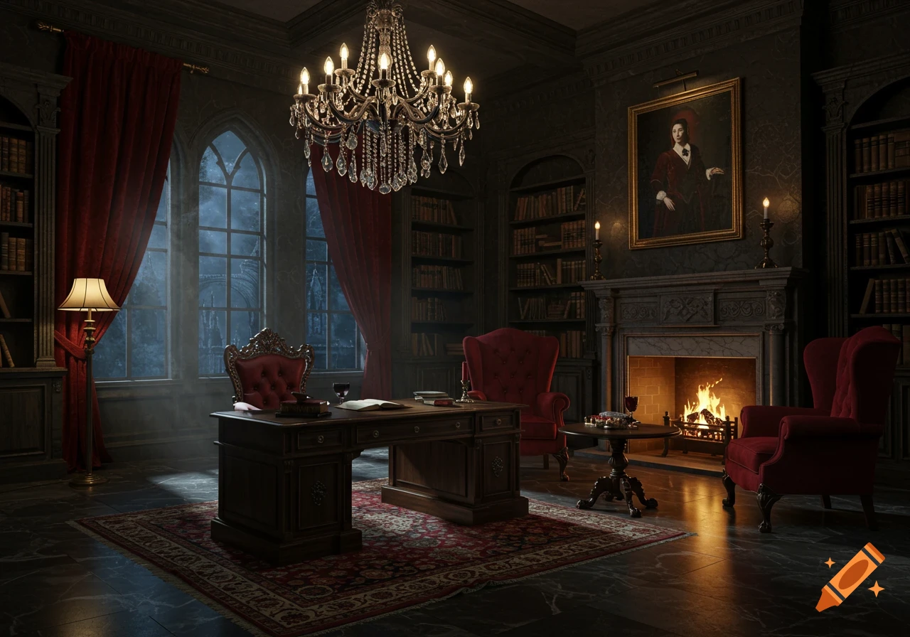 A dark, elegant, and ornate study room with a large wooden desk, red armchairs, a lit fireplace, bookshelves, a crystal chandelier, and arched windows at night.