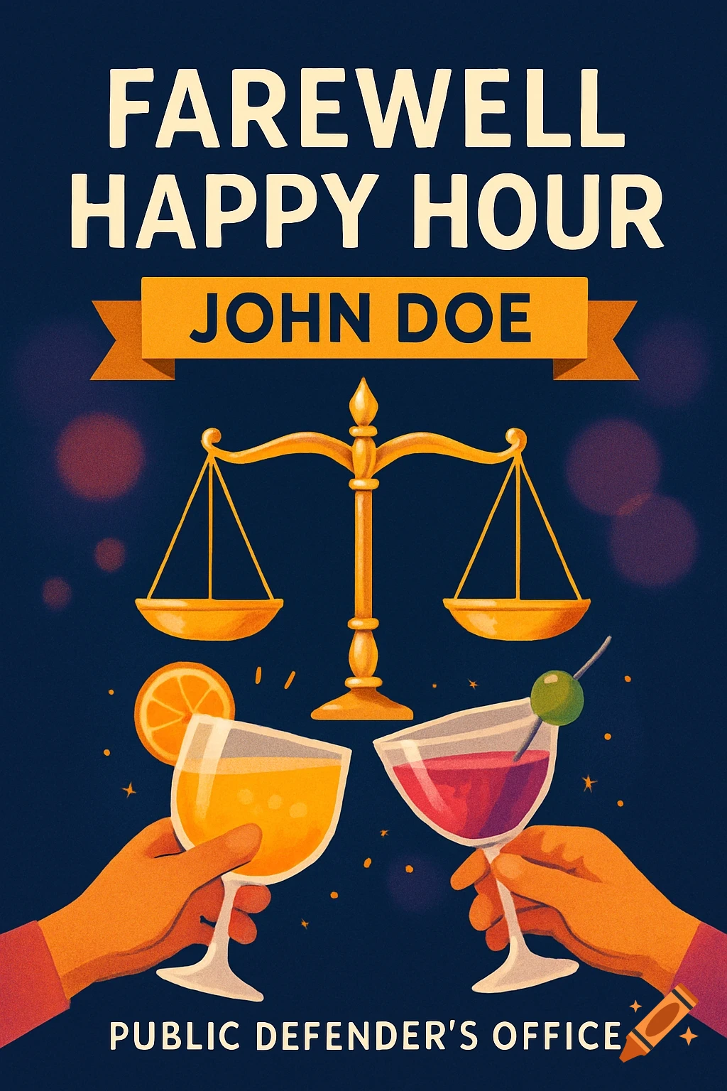Farewell happy hour flyer illustration with hands toasting, scales of justice, and text for a public defender's office.