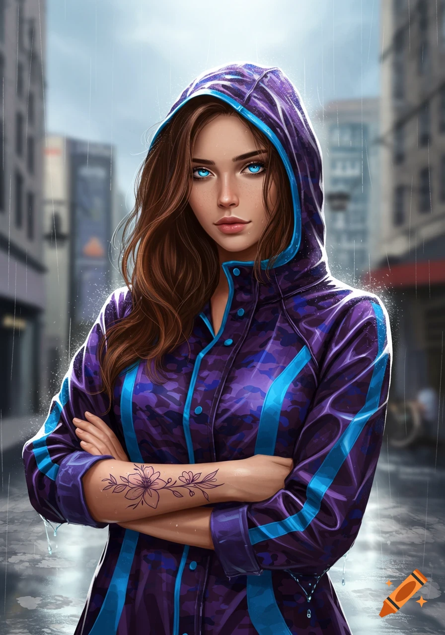 A young woman with brown hair and glowing blue eyes wears a purple and blue camouflage rain suit, arms crossed, in a rainy city street. She has a floral tattoo on her forearm.