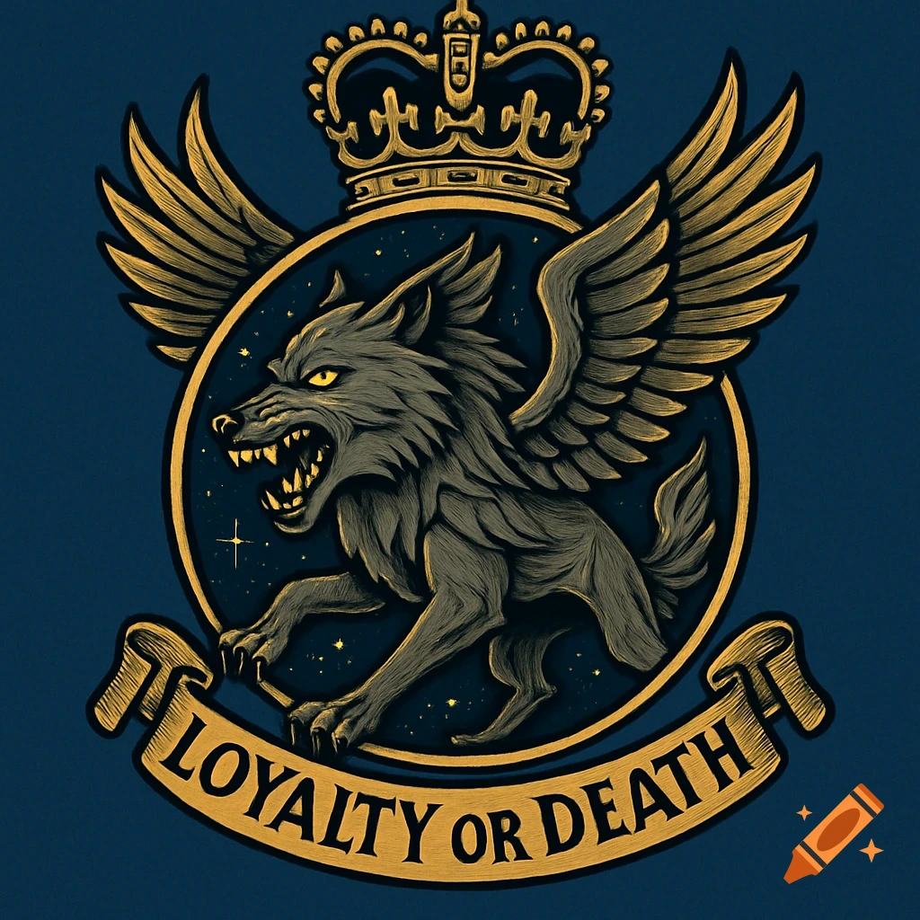 A heraldic military badge featuring a snarling winged wolf with glowing yellow eyes, a gold crown, and a banner reading 'Loyalty or Death' on a dark blue background.