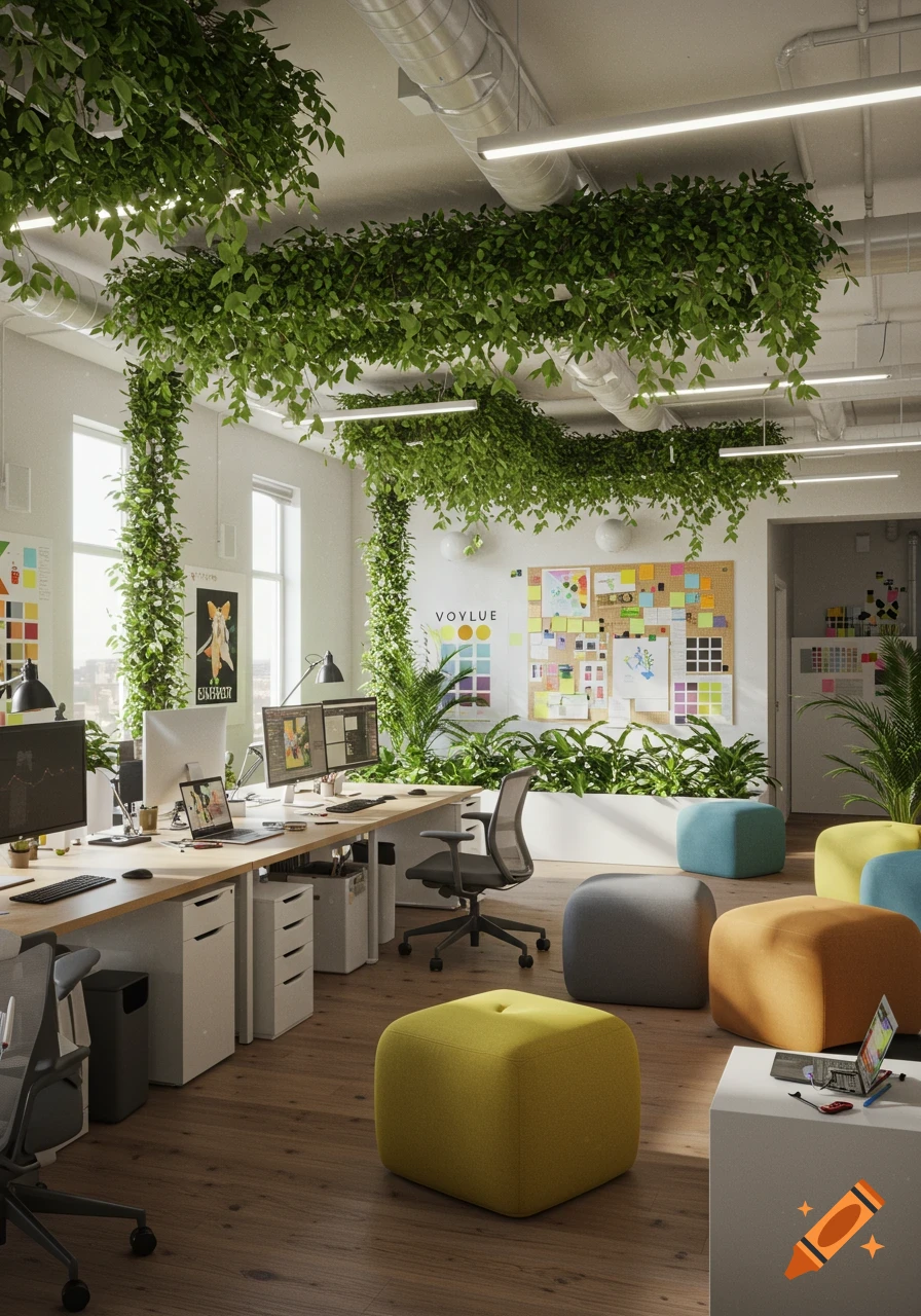 A modern office space featuring desks, computers, and lush green plants hanging from the ceiling and climbing pillars, with colorful ottomans on a wooden floor.
