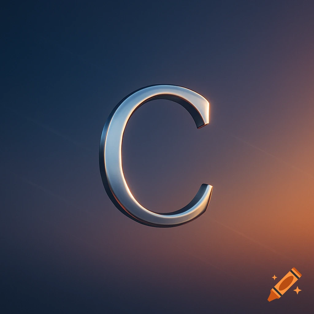 A shiny, metallic letter C floating against a gradient background of dark blue and orange.