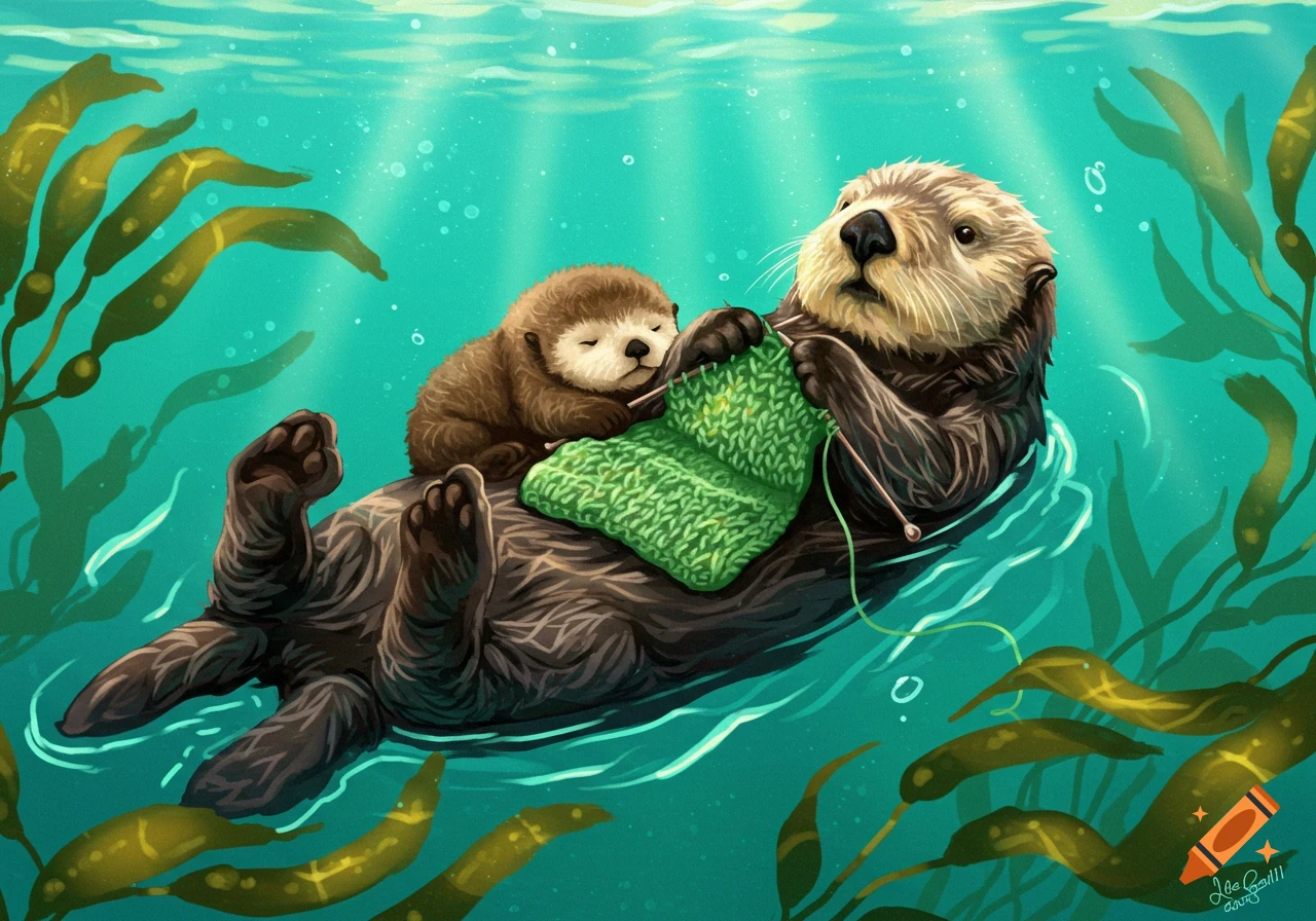A sea otter floats on its back, knitting a green blanket for its baby, who sleeps on its belly.