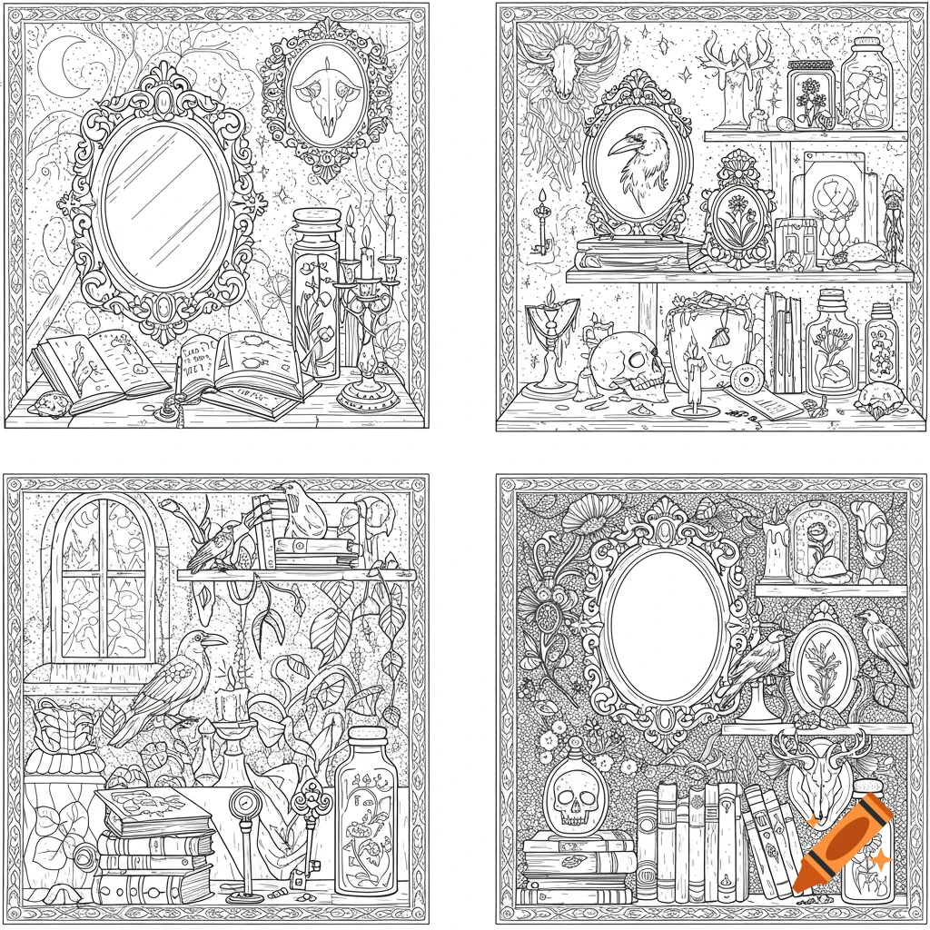 Four detailed black and white gothic coloring page designs with shelves, mirrors, books, skulls, ravens, and candles.