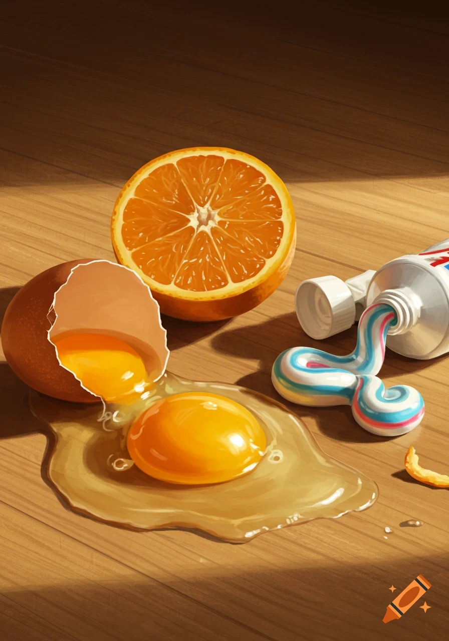 A cracked egg, a halved orange, and a tube of striped toothpaste spilling onto a wooden surface in warm light.