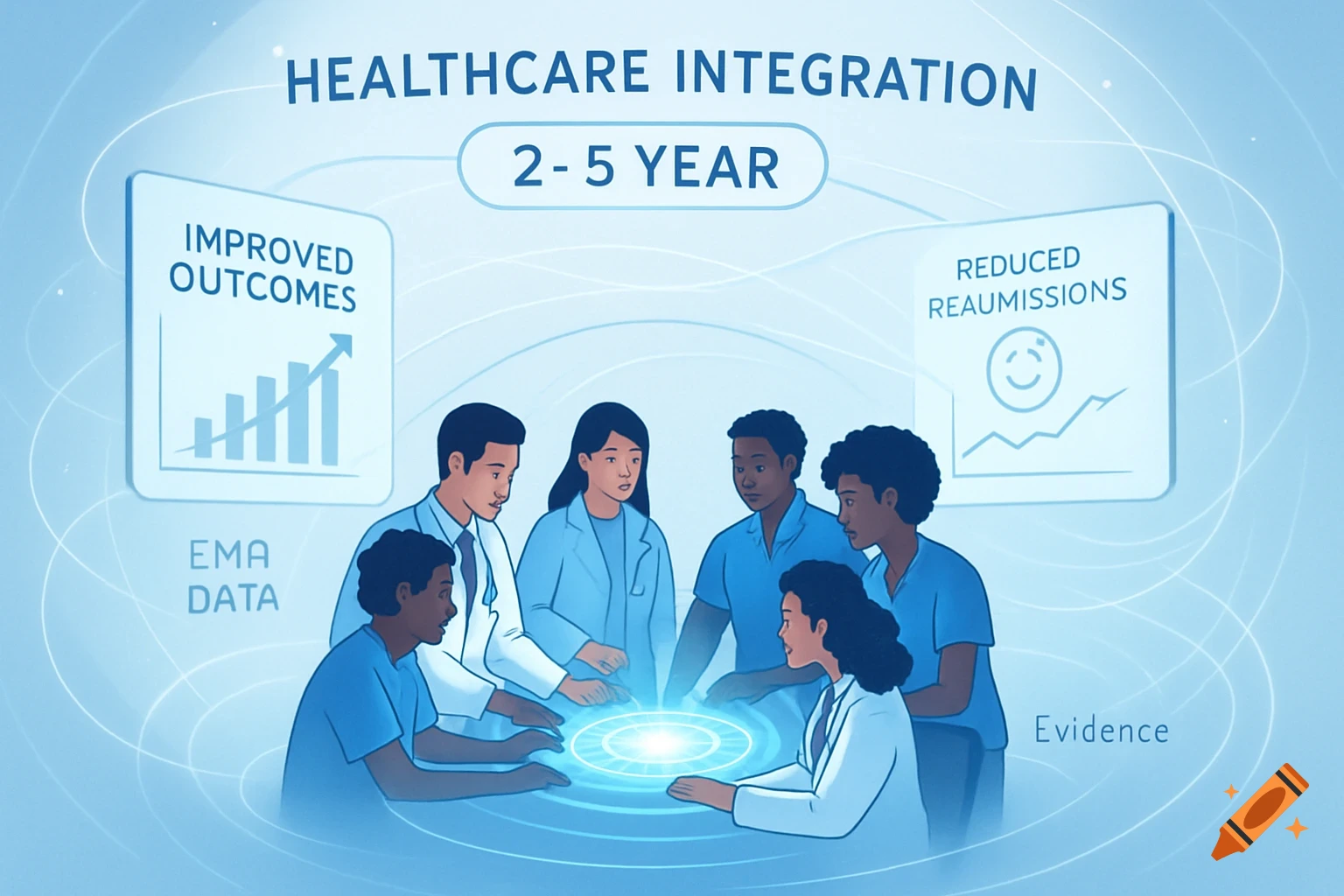 An illustration of a diverse group of healthcare professionals gathered around a glowing data visualization, with infographic bubbles showing "Improved Outcomes" and "Reduced Reaumissions" and text elements like "Healthcare Integration" and "2 - 5 Year."