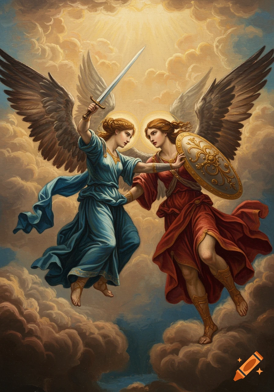 Two female angels in renaissance-style robes battle amidst clouds, one wielding a sword, the other a shield, illuminated by heavenly light.