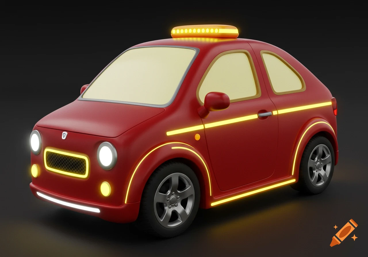 A red, cartoon-style futuristic car with large windows and glowing yellow LED lights on a dark background.