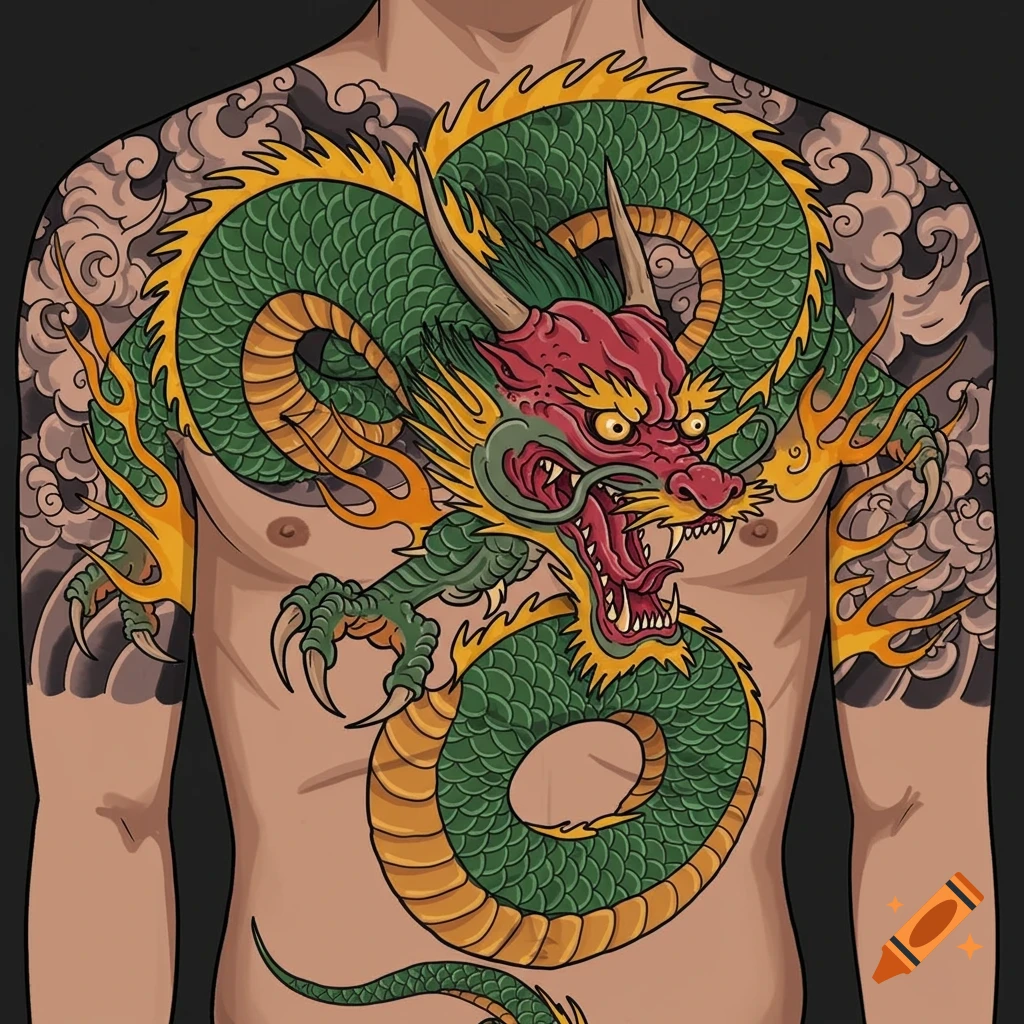 A vibrant, traditional Japanese-style green and red dragon tattoo with golden accents and flames, covering a person's chest and shoulders.