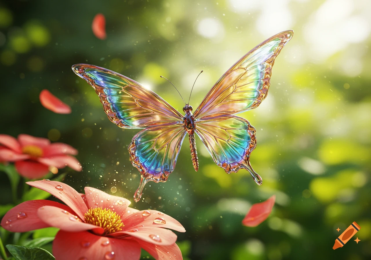 A vibrant, iridescent glass butterfly hovers above red flowers with water droplets in a sunlit natural setting.