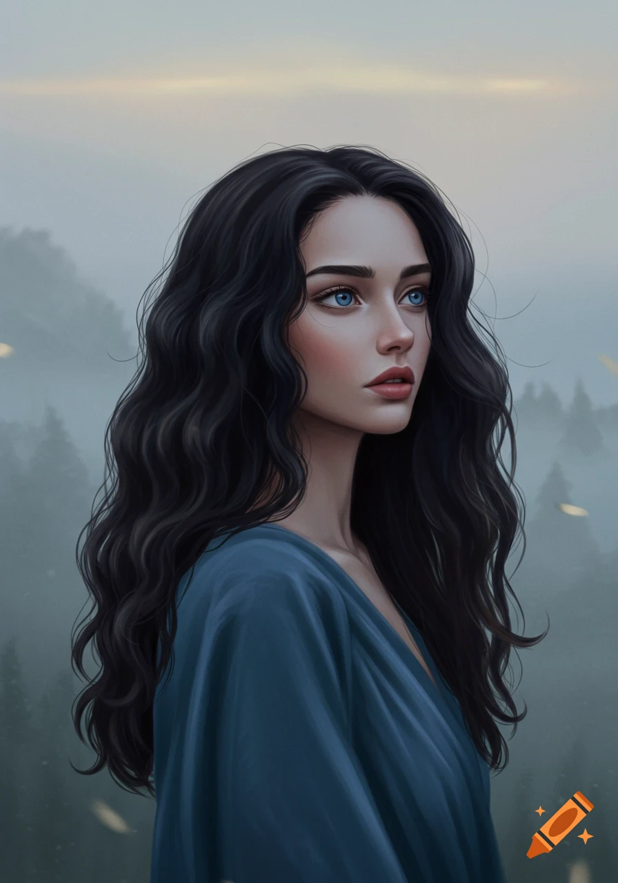 Elegant woman with long dark wavy hair, blue eyes, and pale skin in a blue dress, looking at a misty mountain landscape.