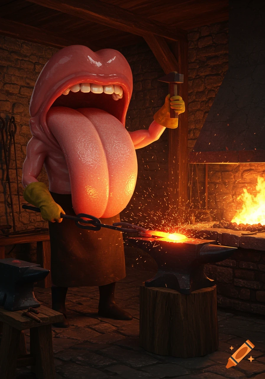 A surreal 3D rendered anthropomorphic tongue character working as a blacksmith in a workshop, striking hot metal on an anvil.
