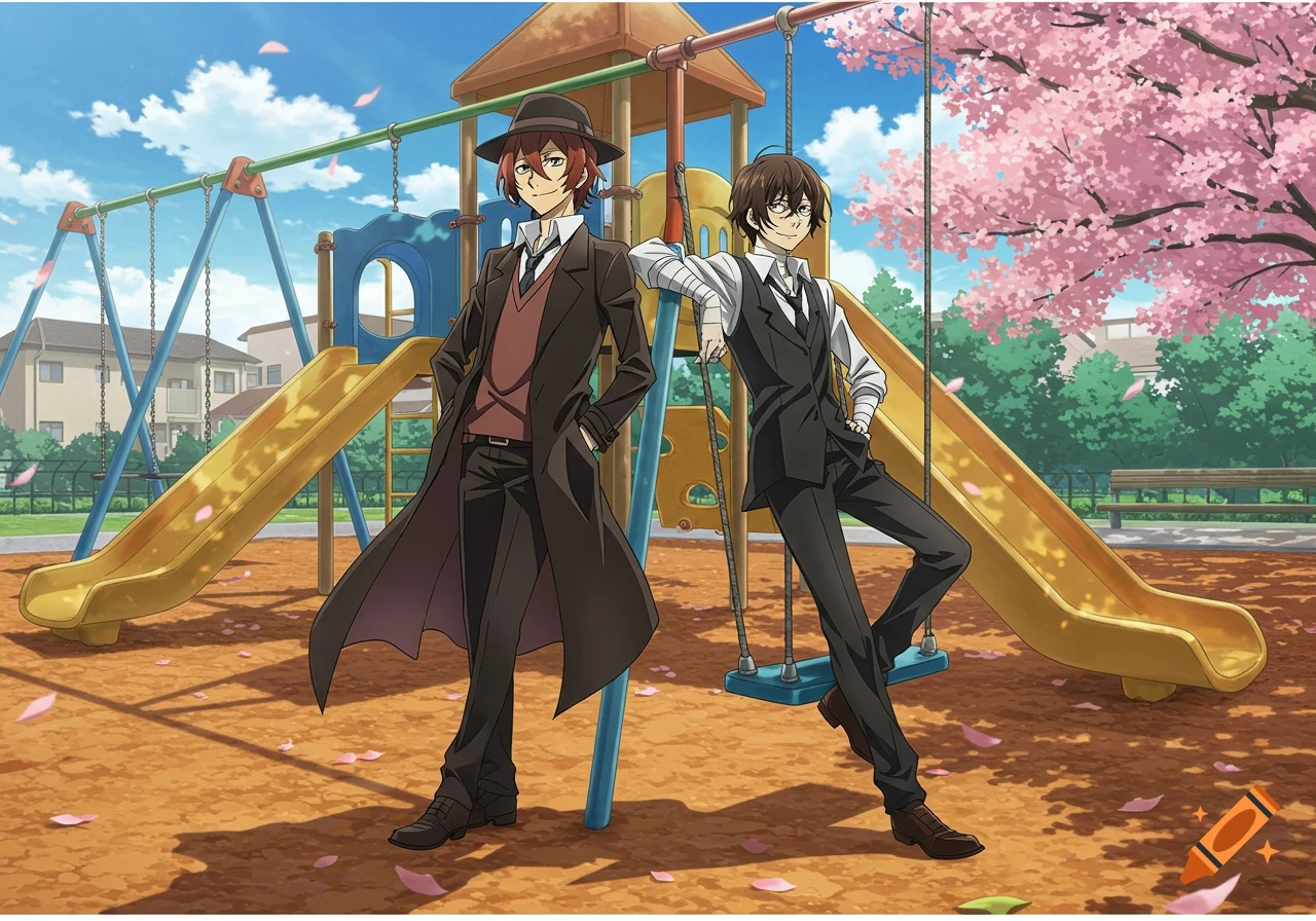 Two anime men in suits standing in a colorful playground with a cherry blossom tree.