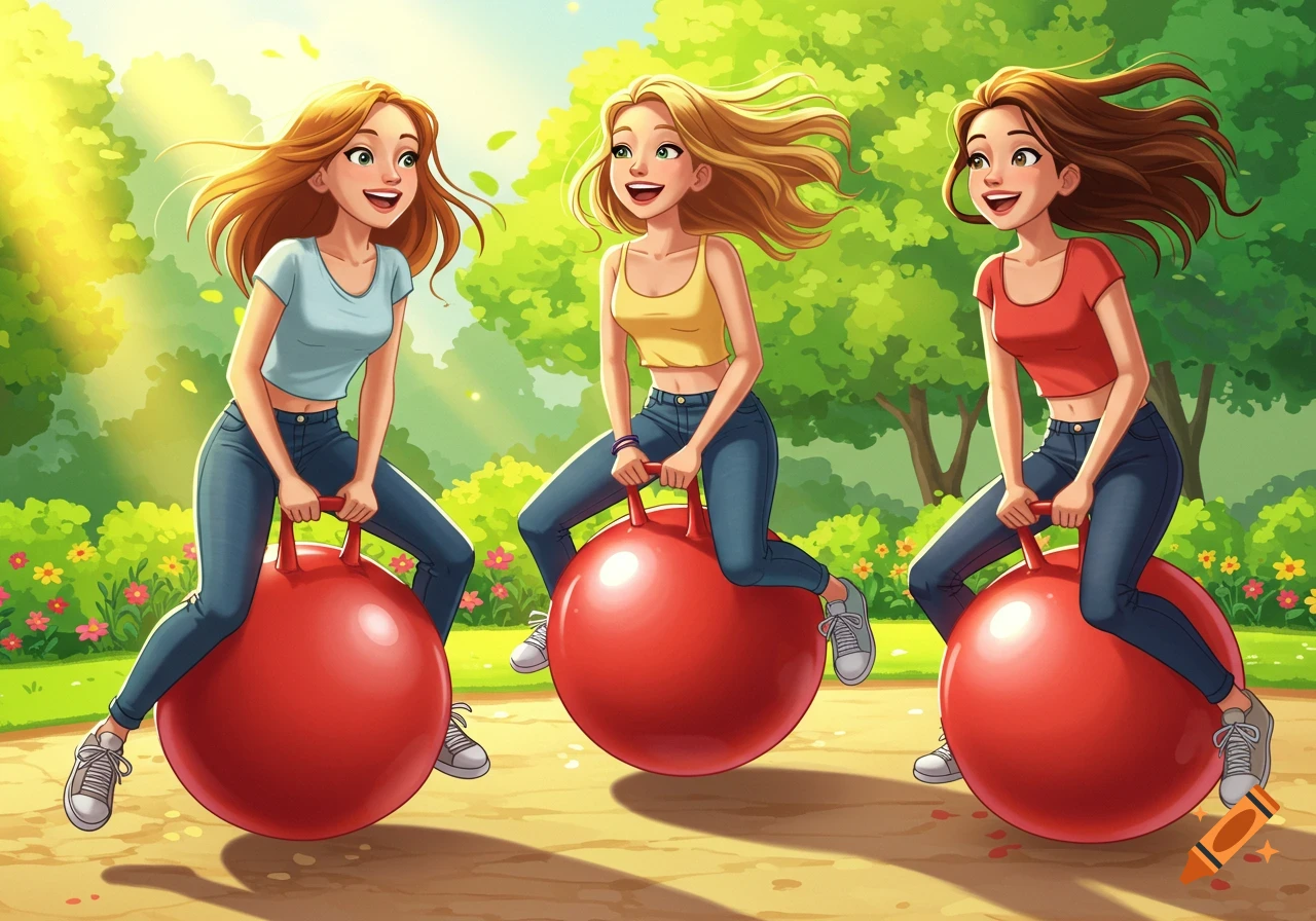 Three smiling cartoon teenage girls bouncing on red hopper balls in a sunny park.